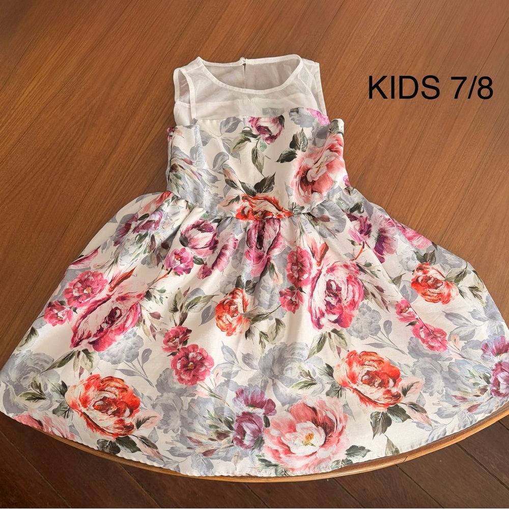 KIDS 7/8 Floral Dress - Pink, Gray and Red